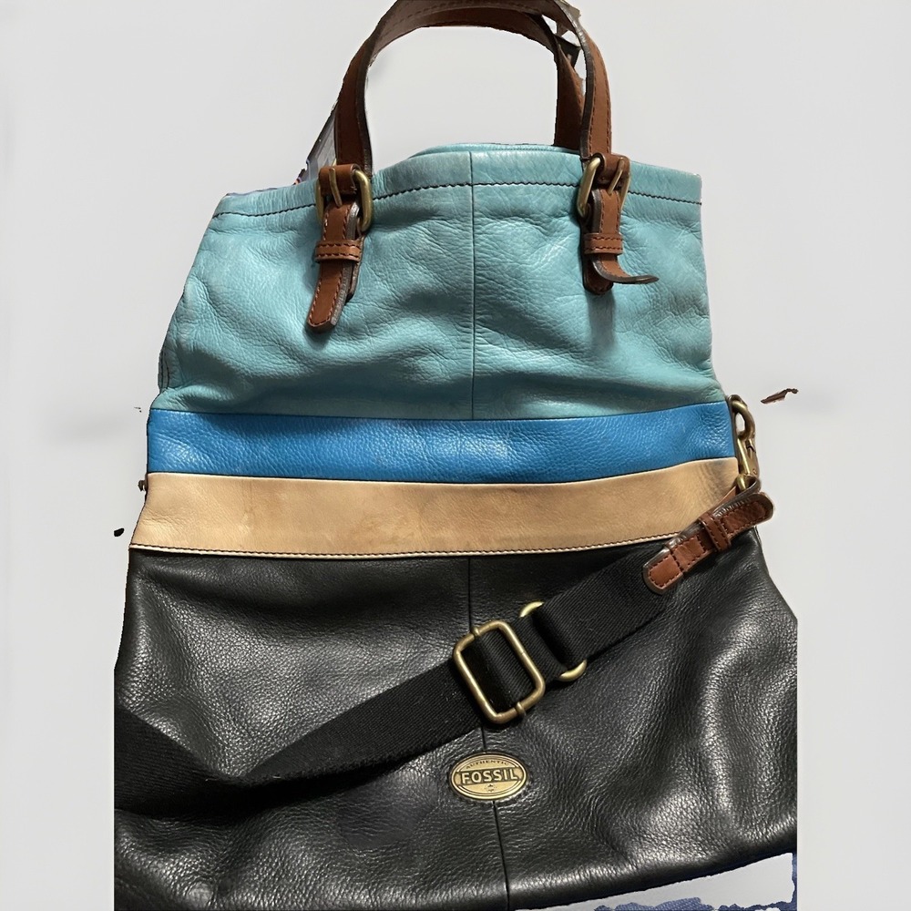 FOSSIL Blue Explorer Leather Foldover Tote Messenger Shoulder Bag Colorblock Zip